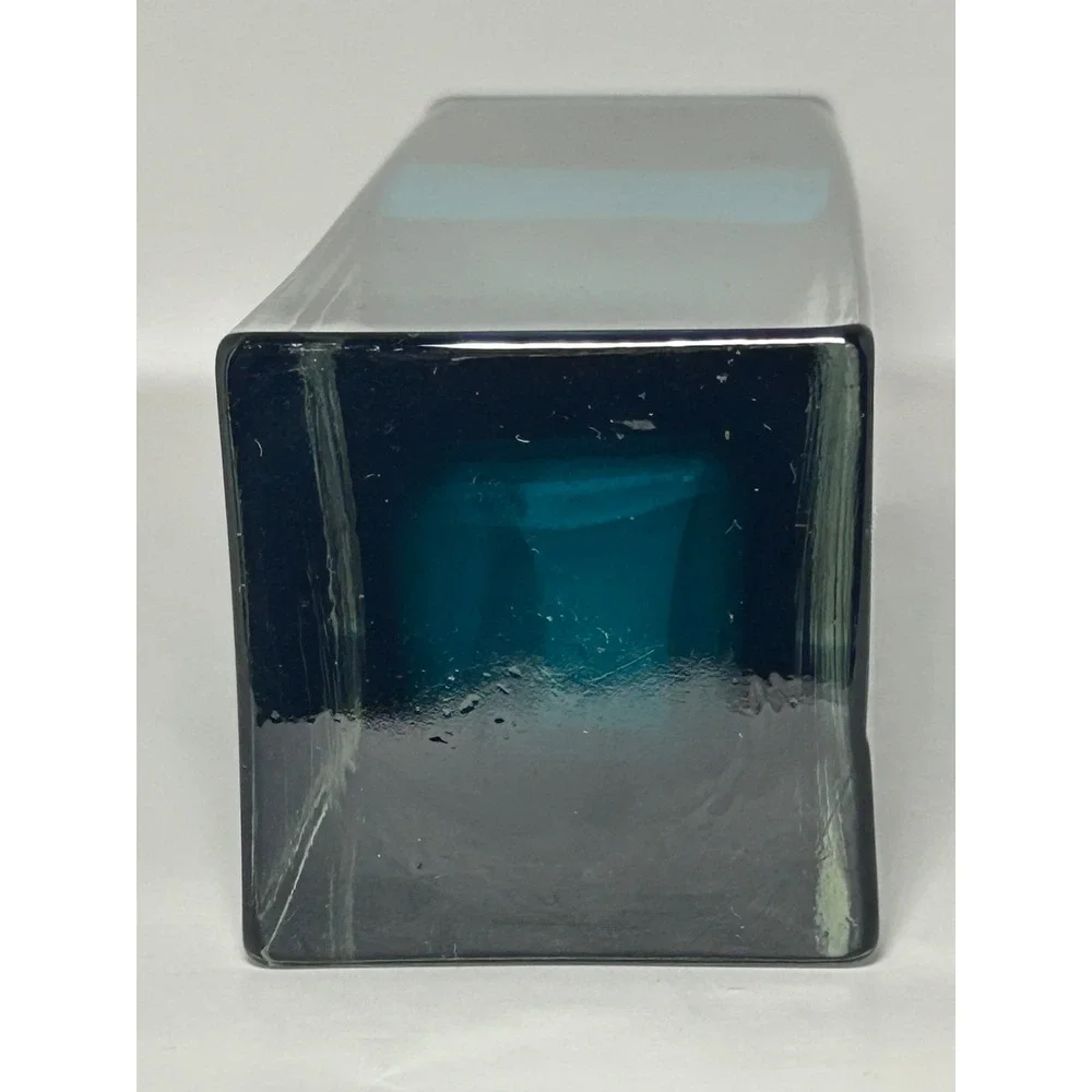 Modern Teal Sommerso Glass Vase‎ Square Green Bud Vase 8 Inch Heavy Clear Base